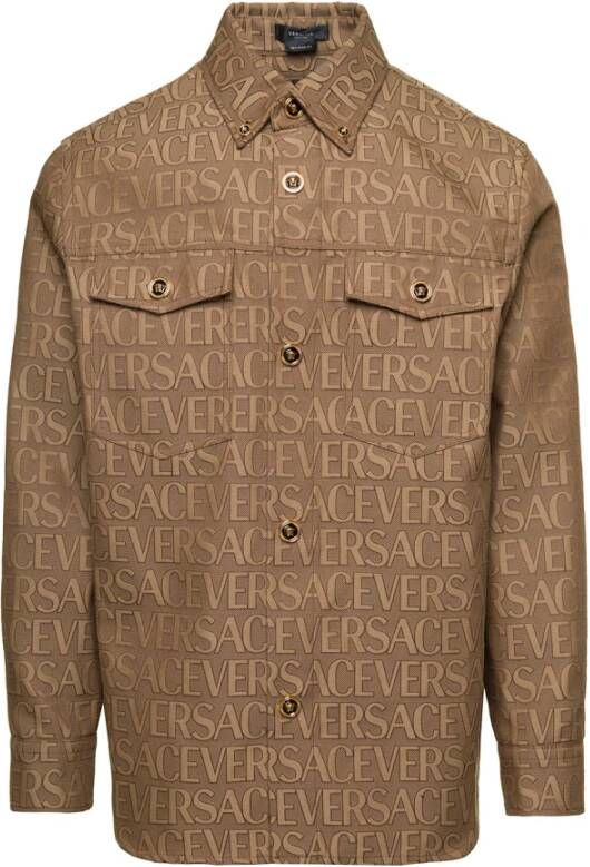 Versace Bruine Allover-Jacquard Overhemd met Handtekeningsknopen Brown Heren