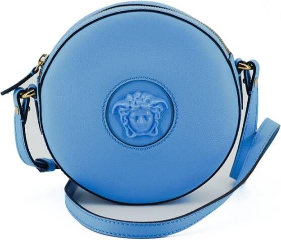 Versace Blauwe Kalfsleren Ronde Disco Schoudertas Blue Dames
