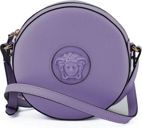 Versace Paarse Kalfsleren Ronde Disco Schoudertas Purple Dames