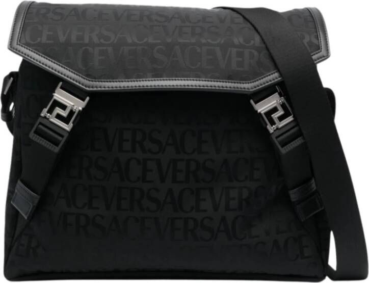Versace Zwarte schoudertas met all-over patroon en Greca-detail Black Heren