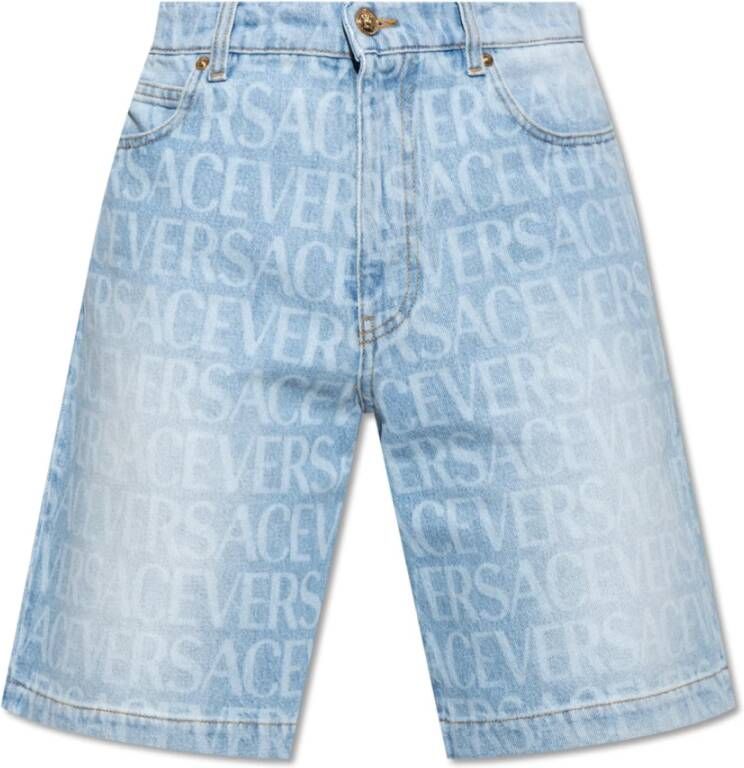 Versace Allover Denim Shorts met Barocco Silhouette Blue Heren