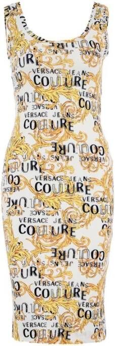 Versace Jeans Couture Logo Print Midi Jurk in Zwart Wit Goud White Dames