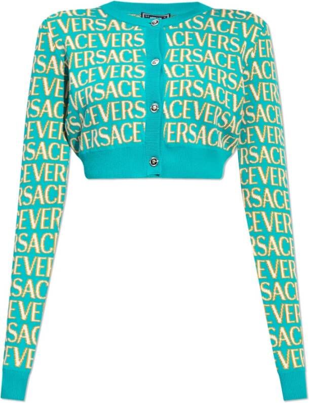 Versace Herhaal Gebreid Vest Turquoise Jacquard Gebreide Cardigan Trui Blue Green Dames