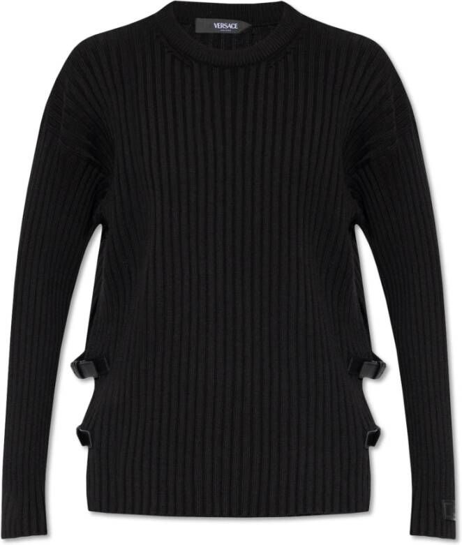 Versace Zwarte geribbelde trui met leren gesp detail Black Heren