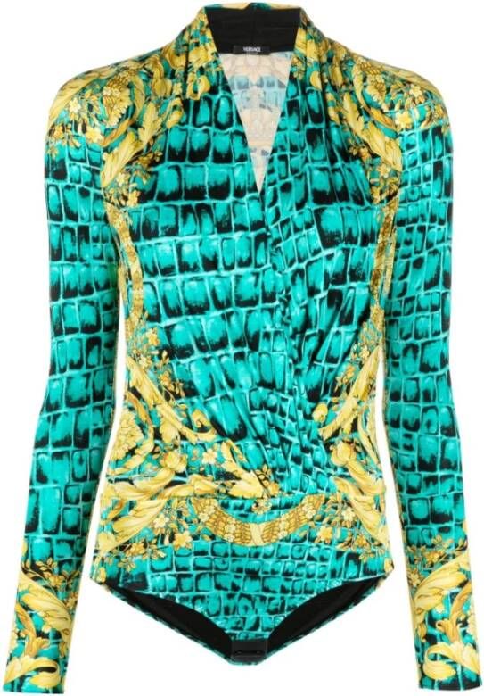 Versace Glanzende Jersey Baroccodile Print Bodysuit Blauw Dames
