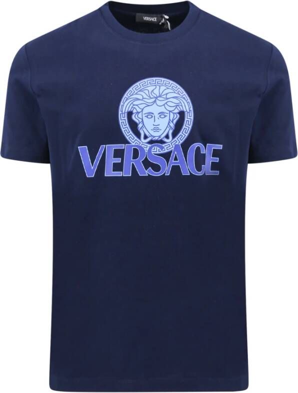 Versace Iconisch Print Jersey Katoenen T-Shirt Blue Heren