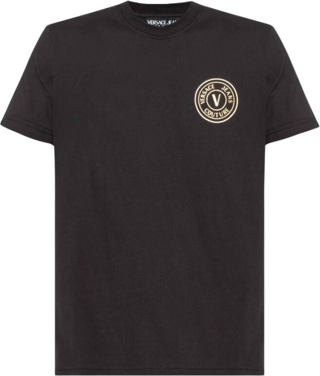 Versace Jeans Couture Zwarte T-shirts en Polos met Metallic Goud V-Embleem Logo Black Heren
