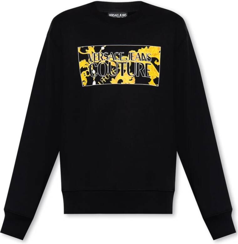 Versace Jeans Couture Zwarte Sweaters met Institutioneel Logo en Gouden Chain Couture Print Black Heren