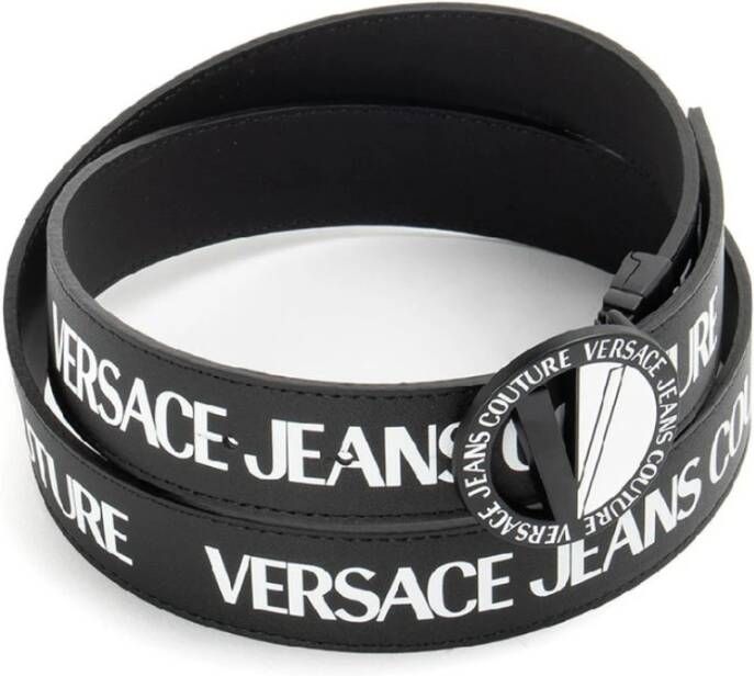 Versace Jeans Couture Zwarte Leren HerenRiem met Overal Logo Stijl 105 Black Heren