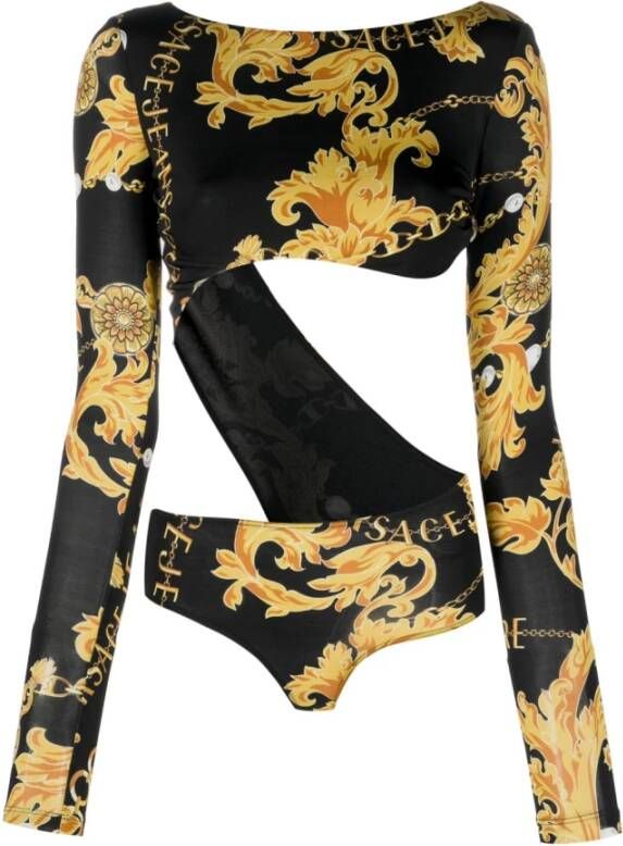 Versace Jeans Couture Body met Barokstijl Cut-Out en Kettingprint Black Dames