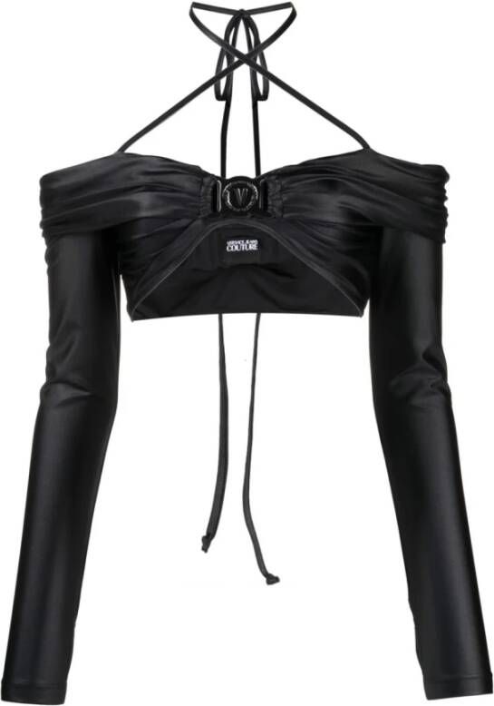 Versace Jeans Couture Logo Crop Top met Lange Mouwen en Gerimpelde Details Black Dames