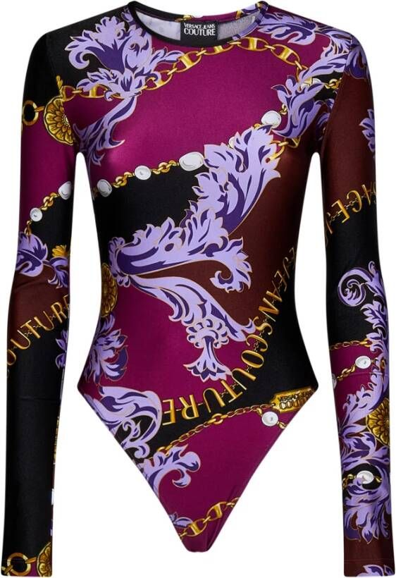 Versace Jeans Couture Zwarte Chain Couture Body met Lange Mouwen Paarse Chain Couture Top voor Vrouwen Black Purple Dames