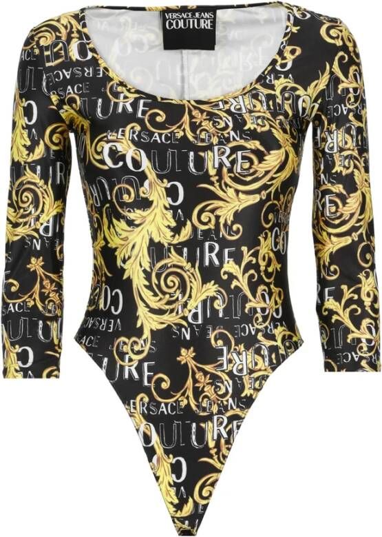 Versace Jeans Couture Gouden Zwarte Lycra Top met Ronde Hals en Driekwart Mouwen Yellow Dames