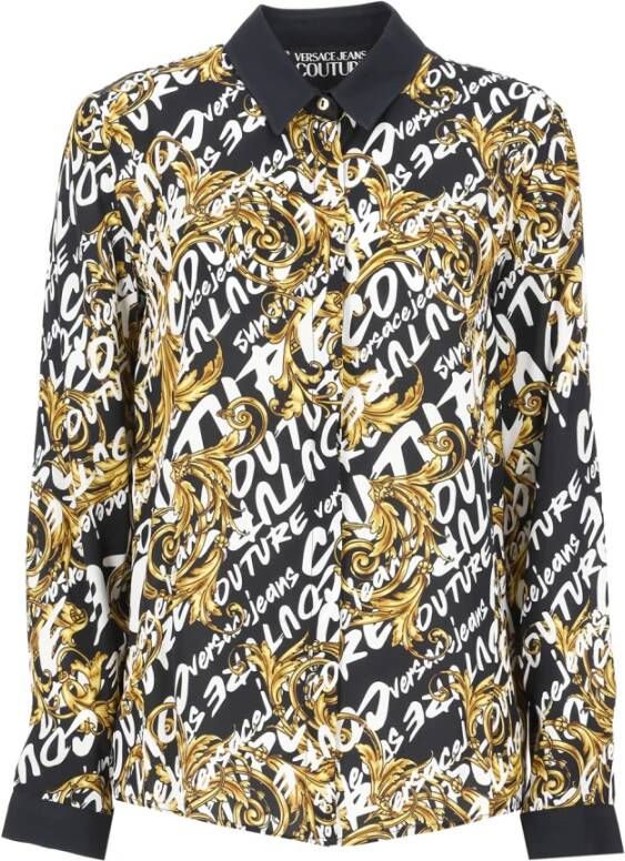 Versace Jeans Couture Camicia stampa barocca e logo all over colletto e polsini tinta unita donna 73Hal2A1-Ns163 Nero Oro Zwart Dames