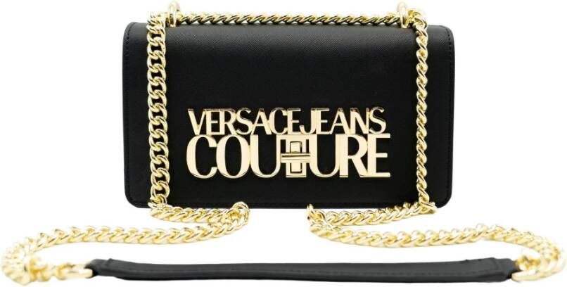 Versace Jeans Couture Zwarte geëmbosseerde schoudertas met gouden details Black Dames