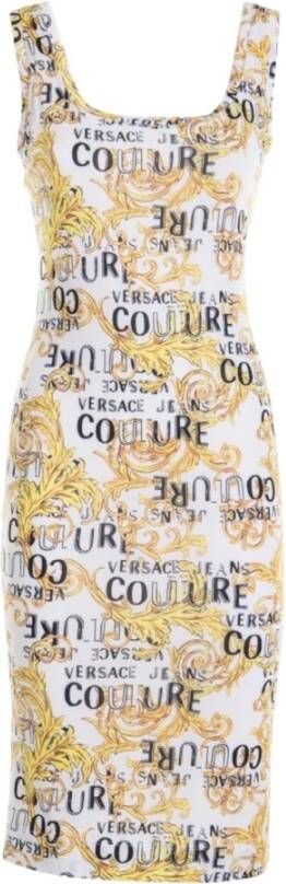 Versace Jeans Couture Logo Print Midi Jurk in Zwart Wit Goud White Dames