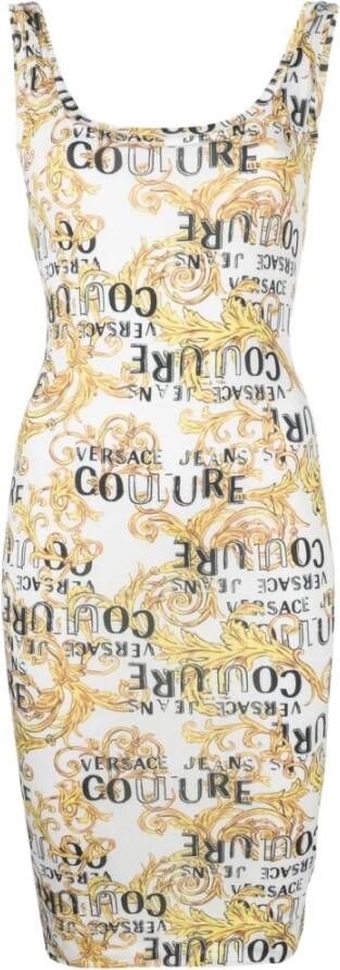 Versace Jeans Couture Logo Print Midi Jurk in Zwart Wit Goud White Dames