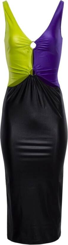 Versace Jeans Couture Lange Zwarte Lime en Paarse Jurk Black Dames