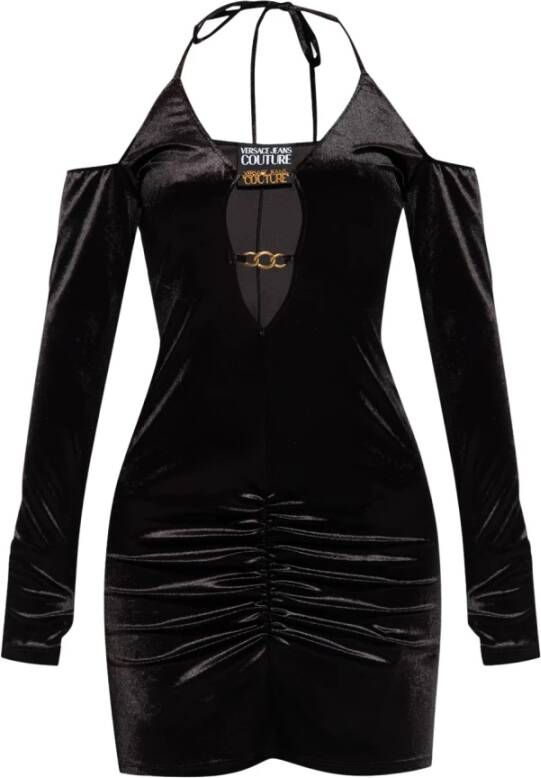 Versace Jeans Couture Zwarte fluwelen jurk met lange mouwen en open schouders Black Dames