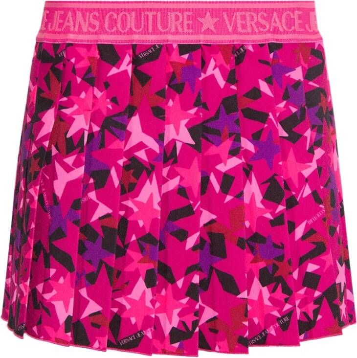 Versace Jeans Couture Gestreepte Geplooide Rok met Logoband in de Taille Pink Dames