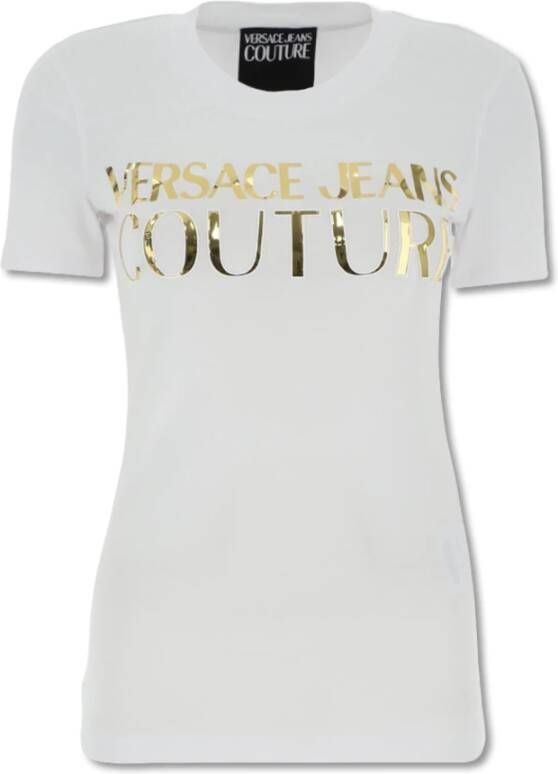 Versace Jeans Couture Gold Tone Logo T-shirt Witte overzicht Wit Dames