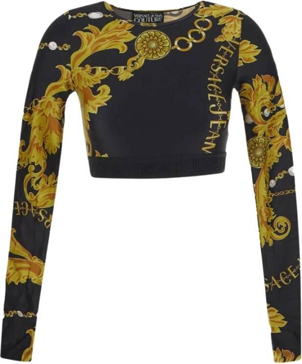Versace Jeans Couture Gouden Ketting Print Crop Top Zwart Dames