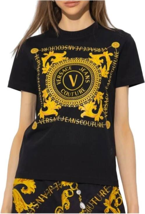 Versace Katoenen T-shirt met korte mouwen en V-Emblem Chain Black Dames