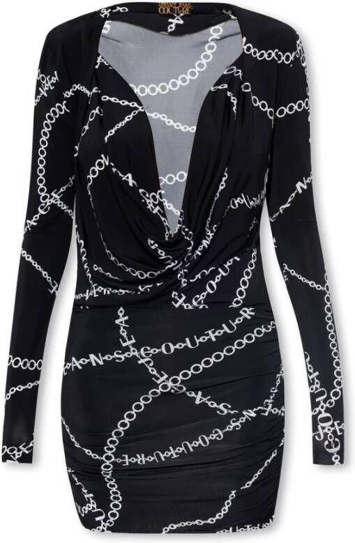 Versace Jeans Couture Zwarte Jurk met Kettingprint en Diepe Halslijn Black Dames