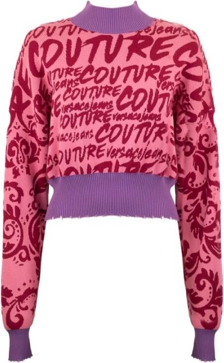 Versace Jeans Couture Roze trui met hoge hals en all-over letterprint S Pink Dames