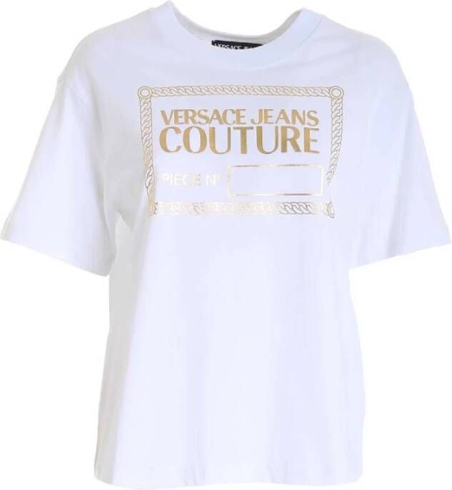 Versace Jeans Couture Wit Dames T-shirt M Klassieke Ronde Hals met Gouden Logo White Dames