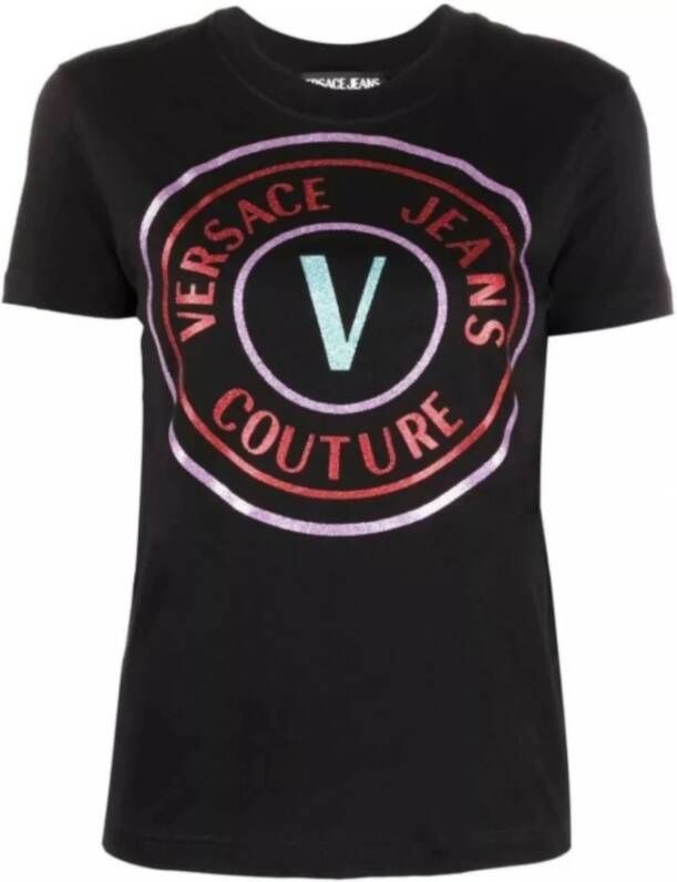 Versace Jeans Couture Glitter Logo Korte Mouw T-shirt Black Dames