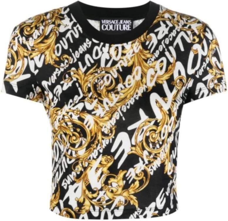 Versace Jeans Couture Zwarte Logo Brush Couture All Over Korte T-shirt Multicolor Dames