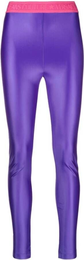 Versace Jeans Couture Glanzende Paarse Leggings met Contrasterende Logoband Purple Dames