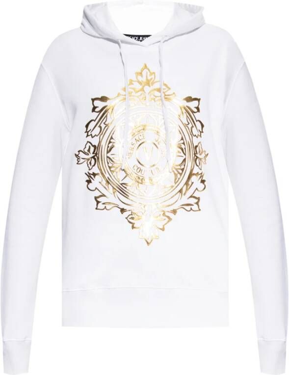Versace Jeans Couture Logo-bedruide hoodie wit katoen verstelbare capuchon geribbelde details goudkleurige grafische print White Dames