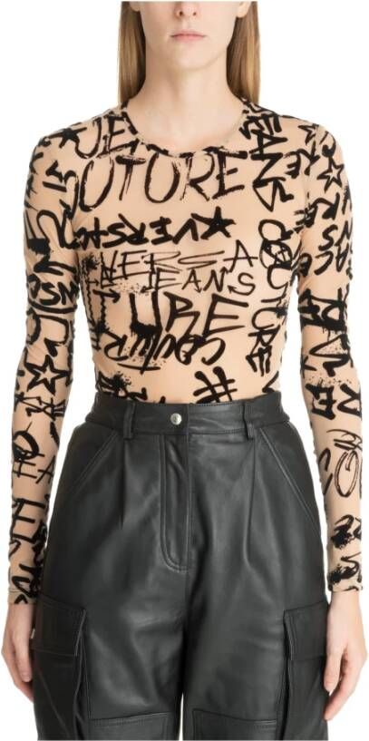 Versace Jeans Couture Transparante Flock-Graffiti Bodysuit Black Dames