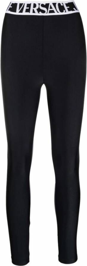 Versace Jeans Couture Plain Leggings met logo elastische taille Zwart Dames
