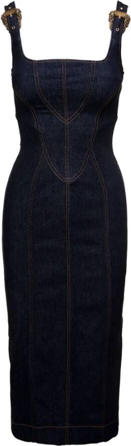 Versace Jeans Couture Blauwe Katoenen Jurk met Vierkante Halslijn en Gespdetail Blue Dames