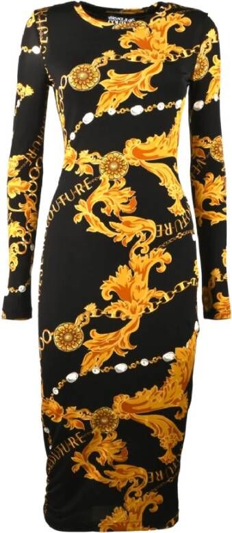 Versace Jeans Couture Stretch Viscose Midi Jurk met All-Over Logo Print Black Dames