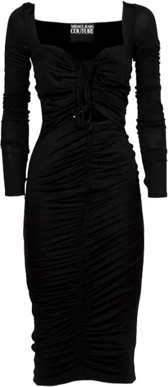 Versace Jeans Couture Lange Zwarte Jurk met Plooien en Veters Black Dames