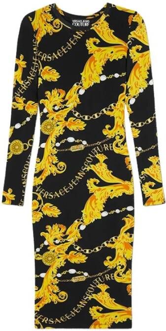 Versace Jeans Couture Barok Print Midi Jurk met Lange Mouwen Black Dames