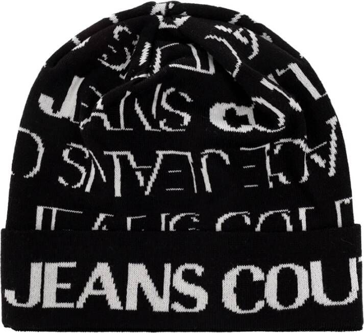 Versace Jeans Couture Wool gemengde pet met Jacquard Logo Man 73Yazk46-Zg025 ​​Black White Zwart Heren