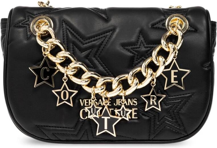 Versace Jeans Couture Zwarte Gewatteerde Schoudertas met Kettingriem Black Dames