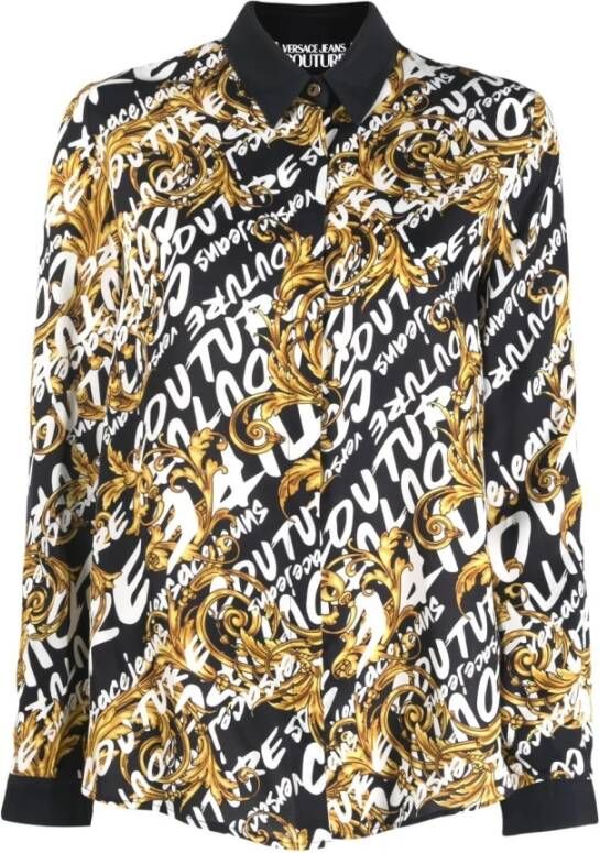 Versace Jeans Couture Camicia stampa barocca e logo all over colletto e polsini tinta unita donna 73Hal2A1-Ns163 Nero Oro Zwart Dames