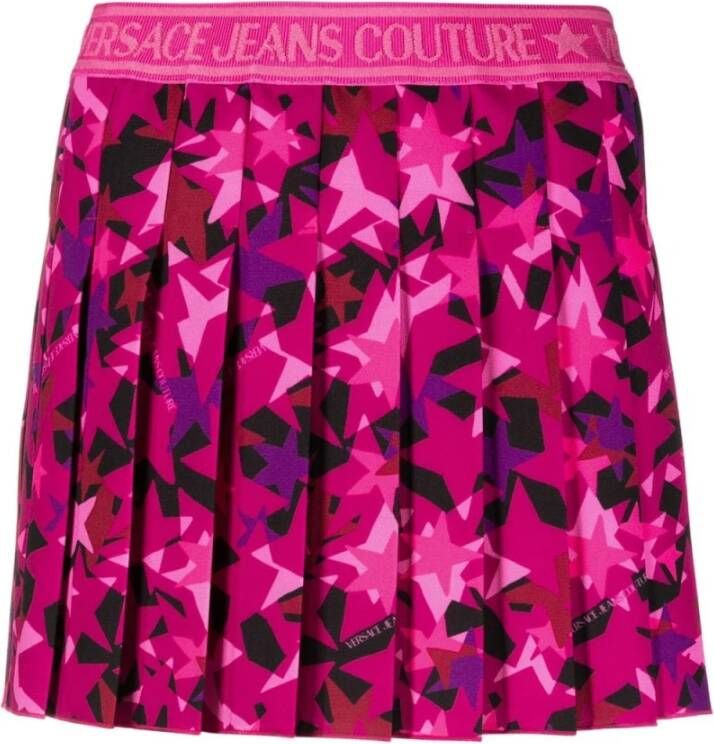 Versace Jeans Couture Gestreepte Geplooide Rok met Logoband in de Taille Pink Dames