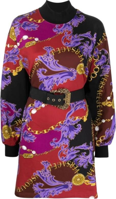 Versace Jeans Couture Sweaterjurk met Logo Chain Print en Barok Gesp Riem Multicolor Dames