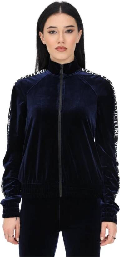 Versace Jeans Couture Velvet Zip-Through Sweatshirt Hoodie Blue Dames