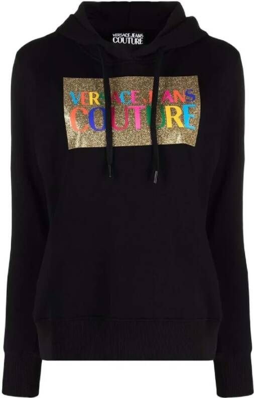 Versace Jeans Couture Zwarte Katoenen Hoodie met Multikleurig Logo Print Black Dames