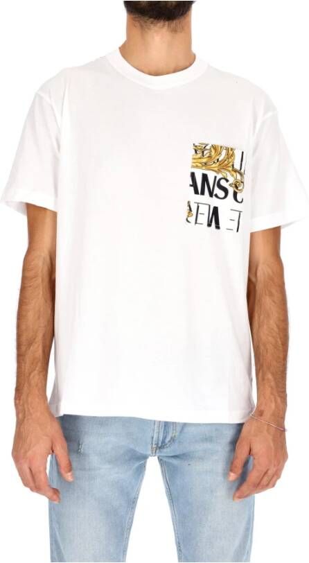 Versace Jeans Couture T-shirt girocollo con tasca e logo stampato uomo 73Gah6R0-Js099 Bianco Oro Wit Heren