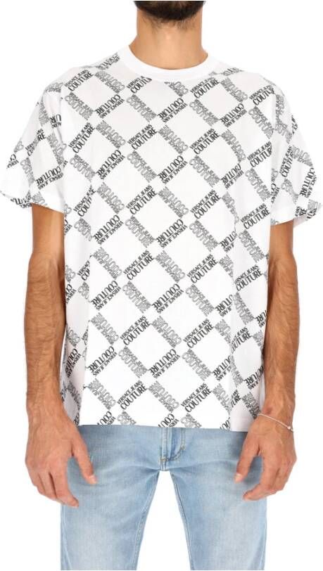 Versace Jeans Couture T-shirt girocollo stampa geometrica e logo all over uomo 73Gaht25-Cjs1T Bianco Wit Heren