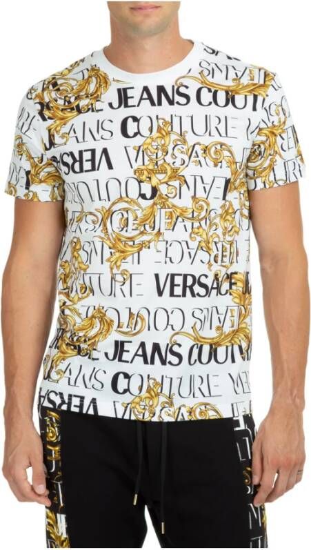 Versace Jeans Couture Christer T-shirt met barokke print en Men`s 73GAH6S0-JS099 Gold Logo Wit Heren